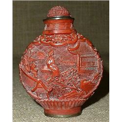 ANTIQUE CHINESE HAND CARVED CINNABAR SNUFF BOTTLE