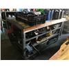 Image 1 : MOBILE WORK BENCH WITH CONTENTS INCLUDING  PARTS, TOOLS, OILS AND MORE