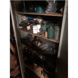 LEFT STORAGE CABINET AND CONTENTS INCLUDING ENGINE PARTS, TOOLS AND MORE