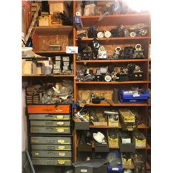 CONTENTS OF END BAYS OF SHELVING INCLUDING HARDWARE, MOTOR PARTS, PARTS, PARTS STORAGE AND MORE