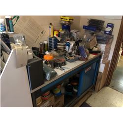 WORK BENCH AND CONTENTS INCLUDING LARGE QUANTITIES OF TAPE, HARDWARE AND MORE