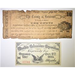 COLUMBIAN EXPO TICKET & 10c COUNTY BEARER BOND
