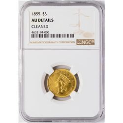 1855 $3 Indian Princess Head Gold Coin NGC AU Details