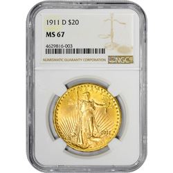 1911-D $20 St. Gaudens Double Eagle Gold Coin NGC MS67