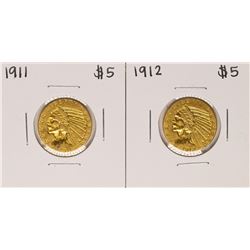 Lot of 1911-1912 $5 Indian Head Half Eagle Gold Coins