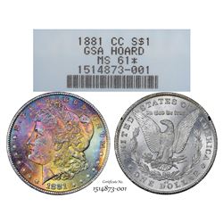 1881-CC $1 Morgan Silver Dollar Coin GSA Hoard NGC MS61 Star Amazing Toning