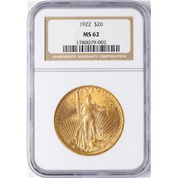 1922 $20 St. Gaudens Double Eagle Gold Coin NGC MS62