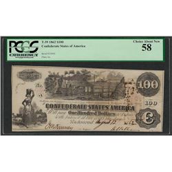 1862 $100 Confederate States of America Note T-39 PCGS About New 58