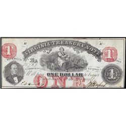 1862 $1 Virginia Treasury Note Obsolete