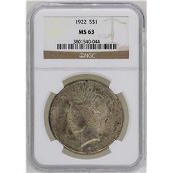 1922 $1 Peace Silver Dollar Coin NGC MS63