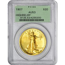 1907 High Relief $20 St. Gaudens Double Eagle Gold Coin PCGS AU53 OGH