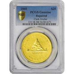 1860 Clark Gruber $20 Double Eagle Gold Coin PCGS Genuine Repaired