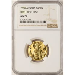 2000 Austria 500 Schillings Gold Coin NGC MS70