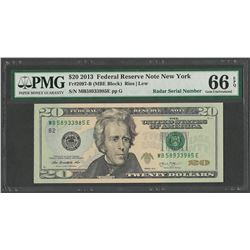 2013 $20 Federal Reserve Note New York Radar Serial Number PMG Gem Uncirculated 66EPQ