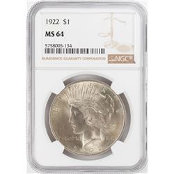 1922 $1 Peace Silver Dollar Coin NGC MS64