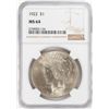 Image 1 : 1922 $1 Peace Silver Dollar Coin NGC MS64