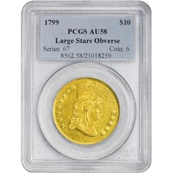 1799 $10 Draped Bust Eagle Gold Coin PCGS AU58 Large Stars Obverse