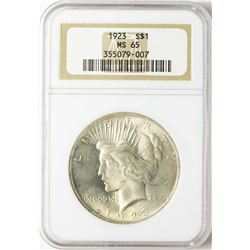 1923 $1 Peace Silver Dollar Coin NGC MS65