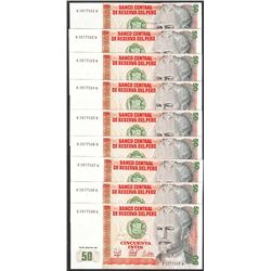 Lot of (9) 1987 Peru Cincuenta Intis Uncirculated Bank Notes