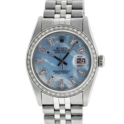 Rolex Mens Stainless Steel Blue MOP Baguette Diamond 36MM Datejust Wristwatch