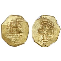 Bogota, Colombia, cob 2 escudos, Charles II, assayer (A) not visible, NGC MS 62, ex-1715 Fleet 300th