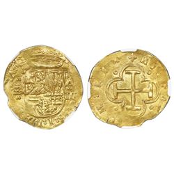 Valladolid, Spain, cob 2 escudos, Philip II, assayer o-topped A to right, NGC MS 62.