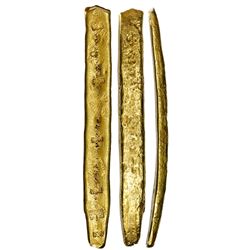 Long gold "finger" bar #21, fineness XXI (21K), 988 grams, ex-Atocha (1622).