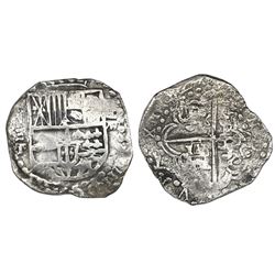 Potosi, Bolivia, cob 8 reales, Philip III, assayer T, upper half of shield and quadrants of cross tr