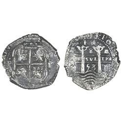 Potosi, Bolivia, cob 8 reales, 1653E, PH at top.