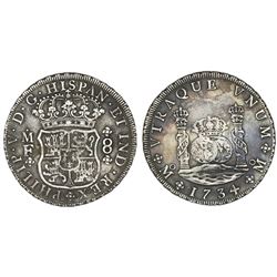 Mexico City, Mexico, pillar 8 reales, Philip V, 1734MF.