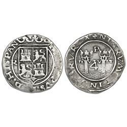 Lima, Peru, 4 reales, Philip II, assayer R (Rincon) to left, motto PL-VSV-LT, legend HISPAN / NIARVM