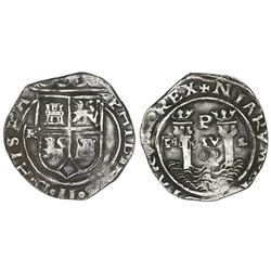Lima, Peru, 2 reales, Philip II, assayer R (Rincon) to left, motto PL-VSV-L, legend HISPA / NIARVM.