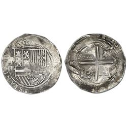 Potosi, Bolivia, cob 8 reales, Philip II, assayer B (1st period), rare.