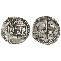 Potosi, Bolivia, cob 4 reales, Philip IV, assayer not visible (1620s), 2R-sized castles in cross (un