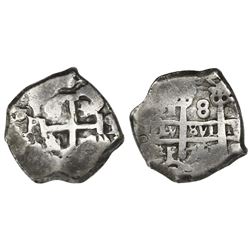 Potosi, Bolivia, cob 8 reales, 1751q, with q and P transposed on pillars side, very rare.