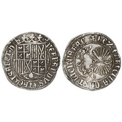 Granada, Spain, 1 real, Ferdinand-Isabel, cross-topped o flanking shield, mintmark Gothic G on rever