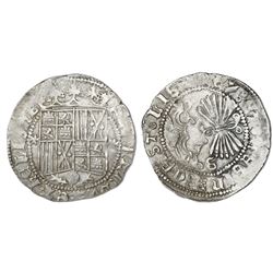 Granada, Spain, 1 real, Ferdinand-Isabel, assayer lis flanking shield, mintmark Gothic G on reverse.