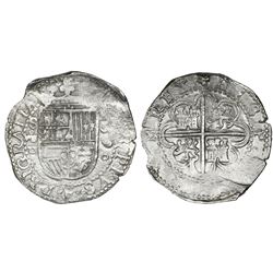 Seville, Spain, cob 8 reales, 1590 date to right, assayer Gothic D below mintmark and denomination o