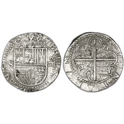 Seville, Spain, cob 4 reales, Philip II, assayer Gothic D at 4 o'clock outside tressure, fleur-de-li