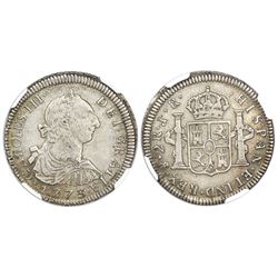 Potosi, Bolivia, bust 2 reales, Charles III, 1773JR, with dot after king's name, unlisted variety wi