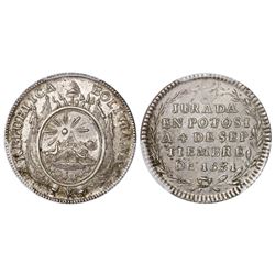 Potosi, Bolivia, 1 sol, 1831, Republica Boliviana / Constitution, PCGS MS62, ex-Derman.