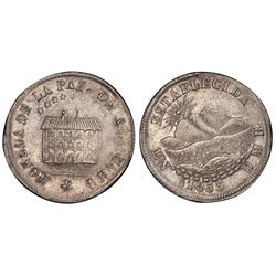 La Paz, Bolivia, 2 soles, 1853, Belzu / mint building / mountains, PCGS AU53.