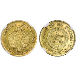 Potosi, Bolivia, gold 1 scudo, 1868FE, NGC MS 62.