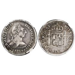 Santiago, Chile, bust 1 real, Charles IV transitional (bust of Charles III, ordinal IIII), 1791DA, N