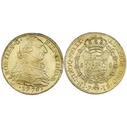 Popayan, Colombia, bust gold 8 escudos, Charles III, 1776JS, no dot between J's.