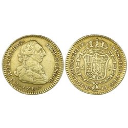Bogota, Colombia, bust gold 2 escudos, Charles III, 1781JJ, dot between J's.