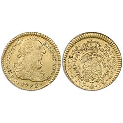 Popayan, Colombia, bust gold 1 escudo, Charles III, 1772JS, dot between J and S.