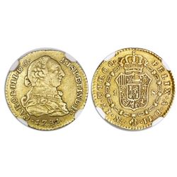 Bogota, Colombia, bust gold 1 escudo, Charles III, 1781JJ, dot between J's, NGC XF 45.