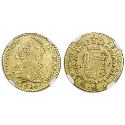 Bogota, Colombia, bust gold 1 escudo, Charles III, 1786JJ, dot between J's, rare, NGC XF 45.