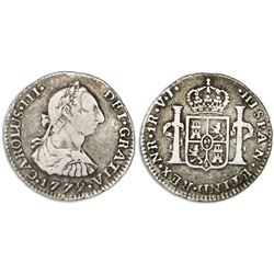 Bogota, Colombia, bust 1 real, Charles III, 1772VJ, dot between V and J, re-punched date, rare.
